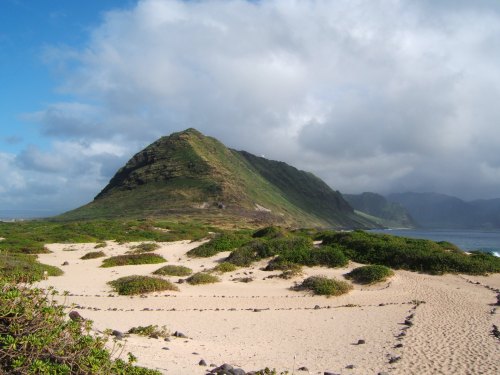 A sandy beach with lush greenery and a prominent mountain under a partly cloudy sky.
