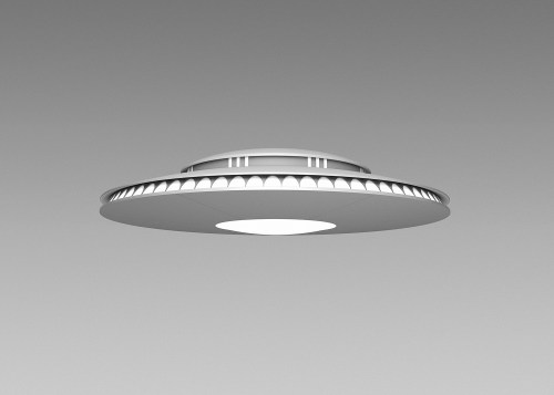 A sleek, futuristic UFO with a smooth, rounded design and decorative edges, hovering against a gray background.