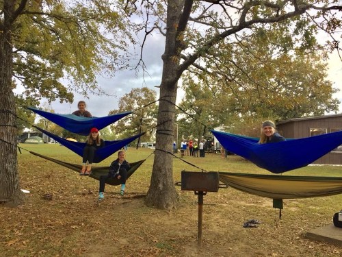 Four people relax in colorful hammocks strung between trees in a park, surrounded by greenery and a cloudy sky.