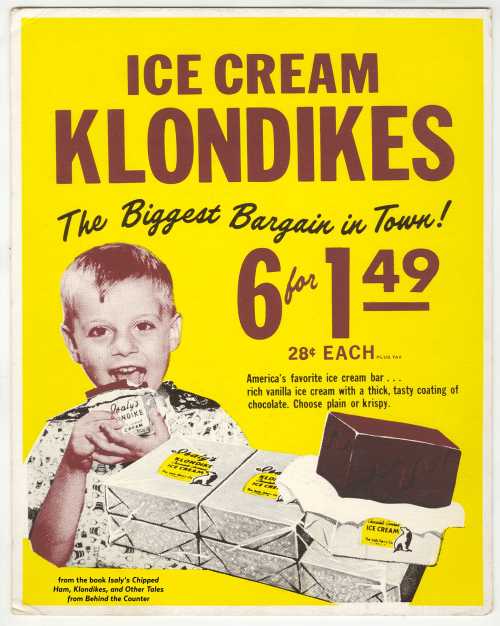 Vintage advertisement for Klondike ice cream bars, featuring a boy and promoting a special price of 6 for $1.49.