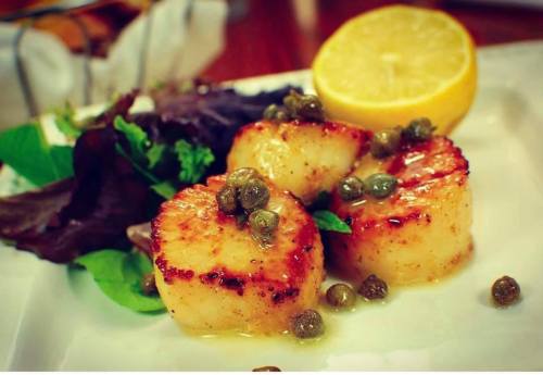 Three seared scallops topped with capers, served with a lemon wedge and mixed greens on a white plate.