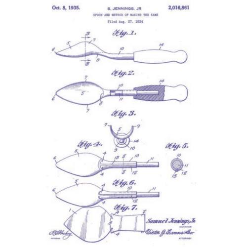 Patent drawing for a spoon design by B. Jennings Jr., featuring multiple views and detailed annotations. Dated October 8, 1935.