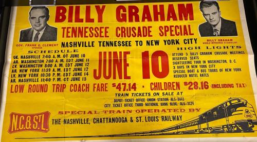 Vintage advertisement for Billy Graham's Tennessee Crusade, featuring schedule and ticket prices for train travel.