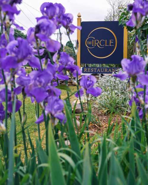 A sign for "The Circle Restaurant" surrounded by vibrant purple irises and green foliage.