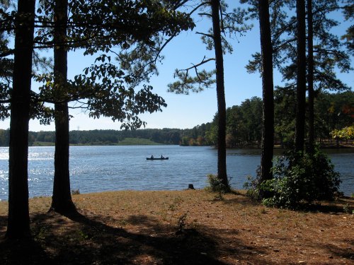 A serene lake scene framed by trees, with two people canoeing in the distance under a clear blue sky.