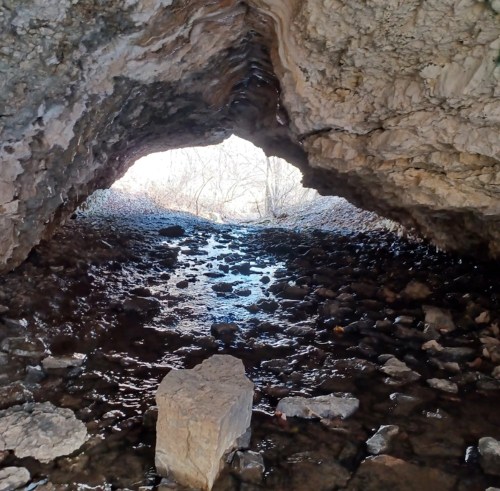 View from inside a rocky cave, with a stream of water and light visible at the entrance.