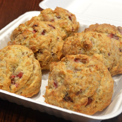 A container holding six freshly baked scones with a golden-brown crust and bits of fruit visible.