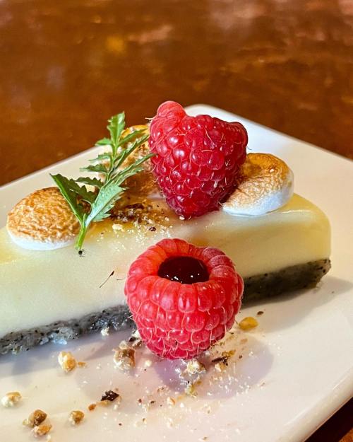 A slice of creamy dessert topped with raspberries and toasted meringue, served on a white plate.