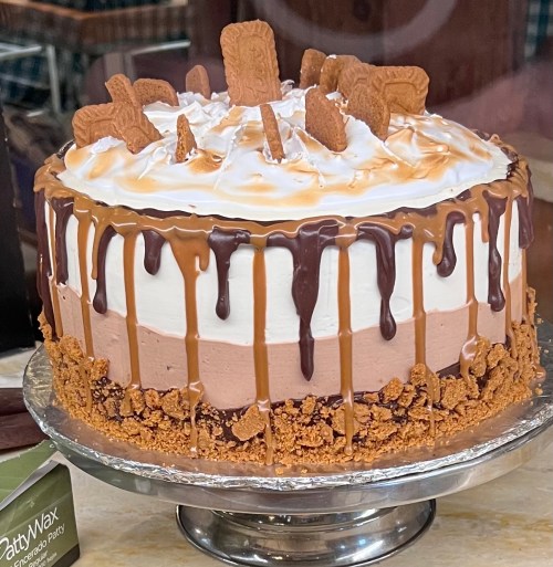 A layered cake topped with whipped cream, caramel drizzle, and cookie pieces, sitting on a silver cake stand.