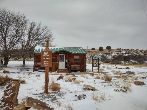 A small log cabin park office with a green roof, surrounded by snow and sparse vegetation under a cloudy sky.