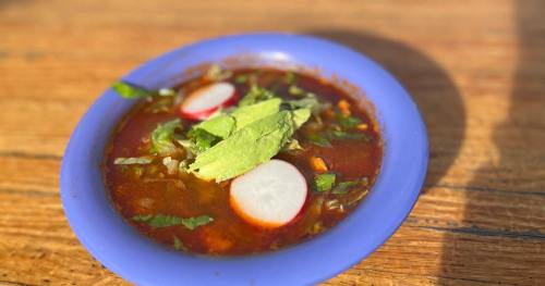 A bowl of soup with radish slices, avocado, and greens, served on a wooden table.
