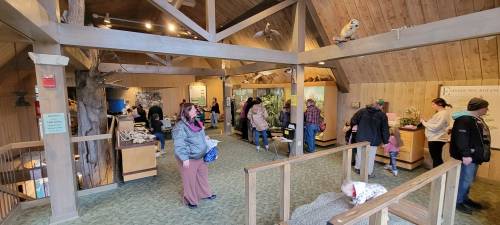 A spacious indoor area with people browsing displays and interacting, featuring wooden beams and nature-themed decor.
