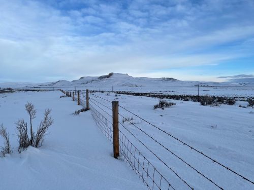 A snowy landscape with a barbed wire fence and distant hills under a cloudy sky.
