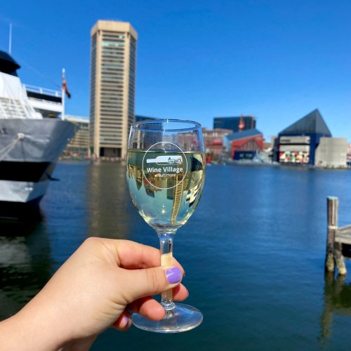 A hand holding a glass of white wine with a waterfront cityscape in the background on a sunny day.