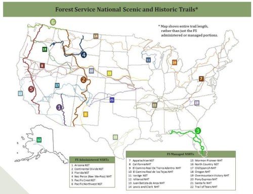 Map of National Scenic and Historic Trails in the U.S., highlighting Forest Service administered and managed trails.