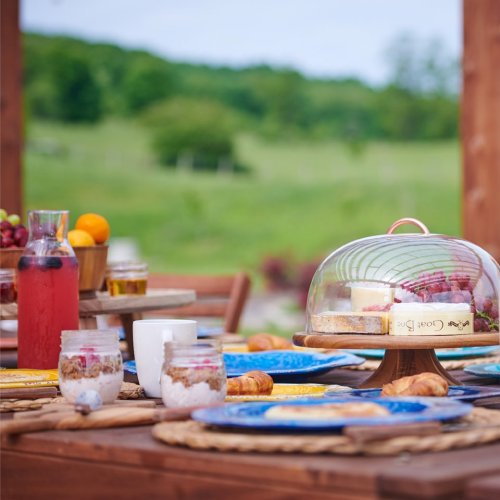 A beautifully set outdoor table with colorful dishes, pastries, and drinks, surrounded by greenery.