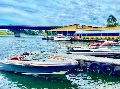 A marina scene with boats docked by a restaurant under a bridge, surrounded by greenery and a blue sky.