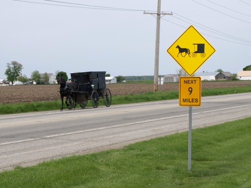 A horse-drawn buggy on a rural road next to a sign warning of horse-drawn vehicles for the next 9 miles.