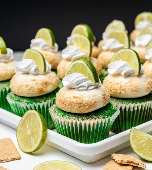 A platter of lime-flavored cupcakes topped with whipped cream, graham cracker crumbs, and lime slices.