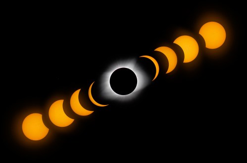 A sequence of images showing the phases of a solar eclipse, transitioning from a full sun to totality and back.