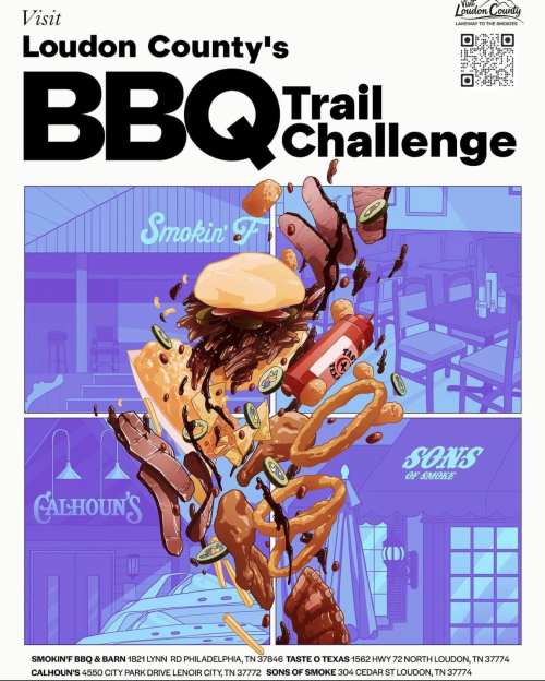 Graphic promoting Loudon County's BBQ Trail Challenge, featuring BBQ dishes and local restaurant names.
