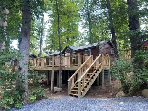 A wooden cabin on stilts surrounded by trees, featuring a large deck and stairs leading up to the entrance.