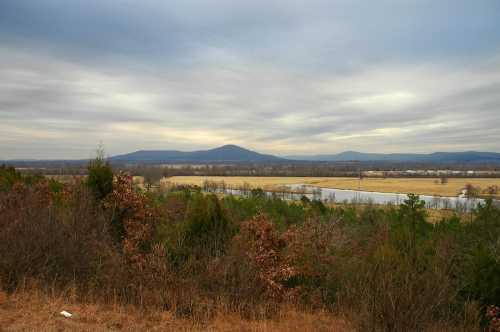 A scenic view of rolling hills and a river, with a cloudy sky and trees in the foreground.