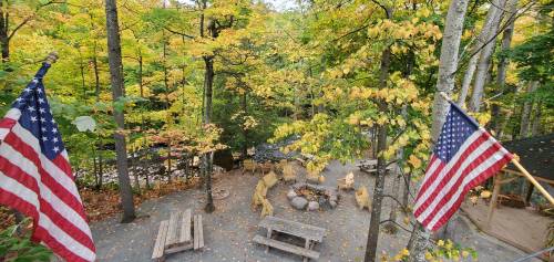 A serene forest scene with colorful autumn leaves, a fire pit, picnic tables, and American flags in the foreground.