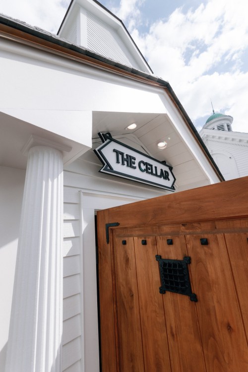 A wooden door with a decorative latch, leading to a building labeled "The Cellar," under a bright sky.