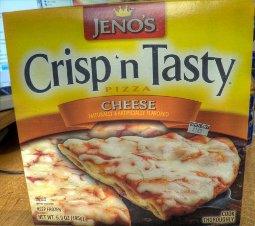 A box of Jeno's Crisp 'n Tasty Cheese Pizza, featuring a frozen pizza with a price tag of $1.69.