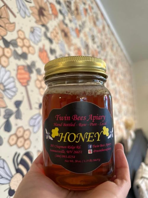 A hand holding a jar of Twin Bees Apiary honey, labeled as raw, pure, and local, with a floral background.