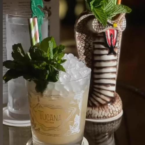 A refreshing cocktail with mint and ice, next to a decorative snake-shaped mug.