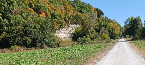 A scenic view of a gravel path beside a lush, colorful hillside with autumn foliage and a rocky cliff.
