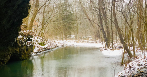 A serene winter scene with a snow-covered river surrounded by bare trees and a rocky outcrop.