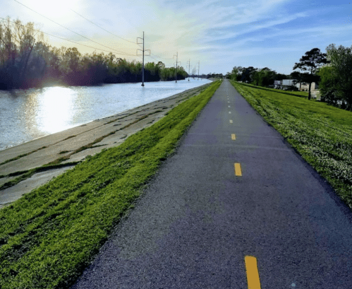 A scenic pathway alongside a river, with green grass and trees under a clear blue sky.