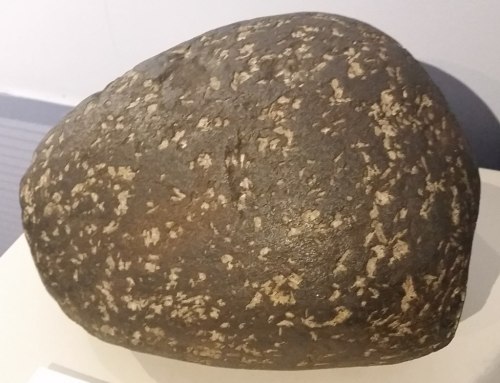 A large, irregularly shaped rock with a rough, textured surface and speckles of lighter color.