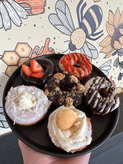A hand holding a black plate with six assorted donuts, decorated with various toppings and a backdrop of bees and flowers.