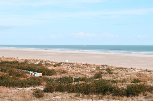 A serene beach scene with gentle waves, sandy shore, and colorful beach huts in the foreground.