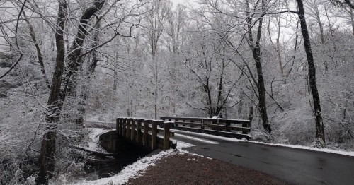 A snow-covered landscape featuring a wooden bridge over a winding path surrounded by bare trees.