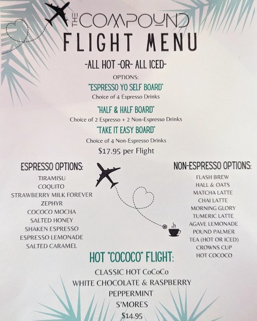Menu for "The Compound" featuring hot and iced espresso drinks, non-espresso options, and a "CocoCo" hot drink section.