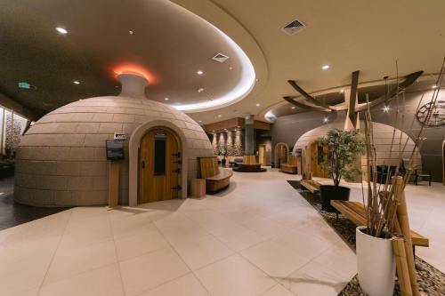 Interior of a modern spa featuring dome-shaped sauna rooms and wooden seating areas, with soft lighting and decor.