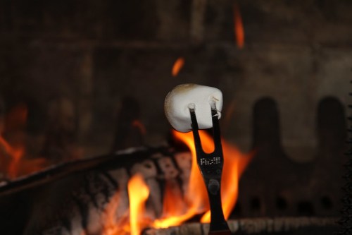 A mushroom on a fork is being roasted over an open flame, with glowing embers in the background.