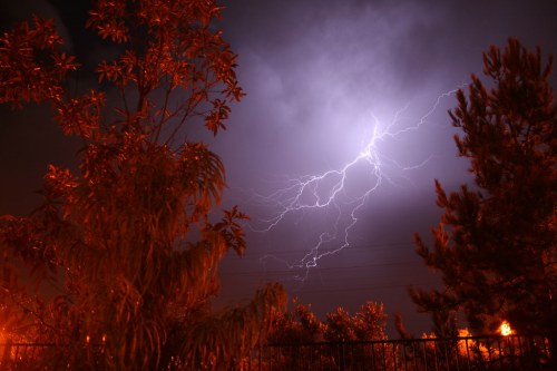 A dramatic night sky illuminated by lightning, with silhouetted trees in the foreground and an orange glow from streetlights.