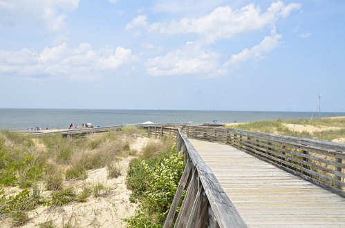 A wooden boardwalk leads to a sandy beach with people enjoying the sun and a calm ocean under a blue sky.