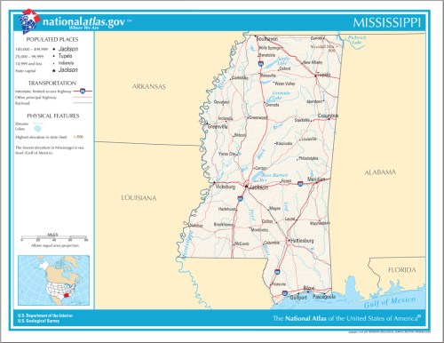 Map of Mississippi showing populated places, transportation routes, and physical features like rivers and highways.