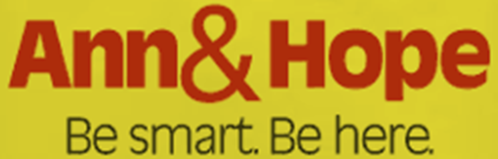 Logo of Ann & Hope with the tagline "Be smart. Be here." on a bright yellow background.