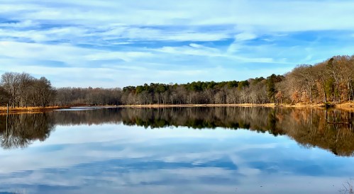 A serene lake reflecting a clear blue sky and trees along the shore, surrounded by calm waters.