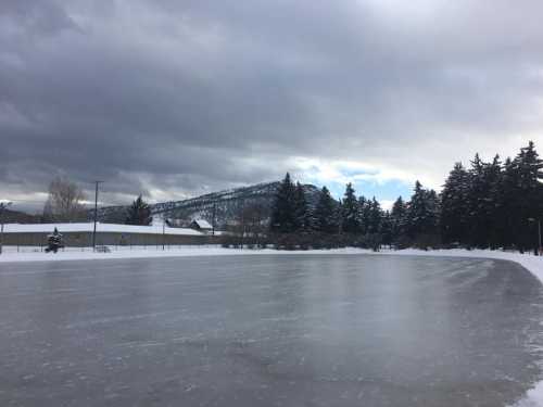 A frozen ice rink surrounded by snow-covered trees and mountains under a cloudy sky.