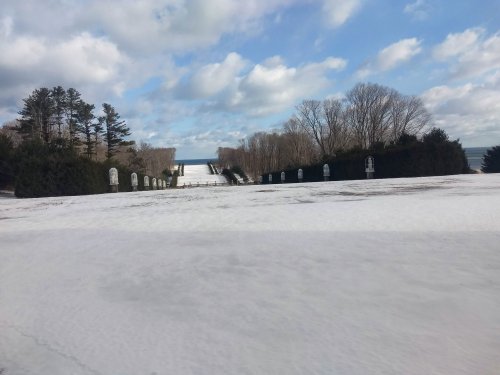 A snowy landscape with trees and a distant view of a hill under a partly cloudy sky.
