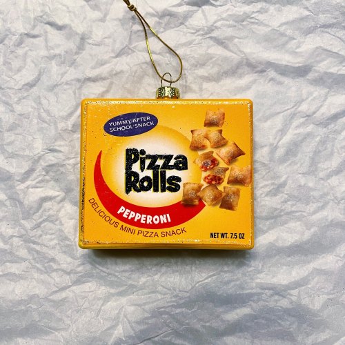 A decorative ornament shaped like a box of Pizza Rolls, featuring a pepperoni flavor label.